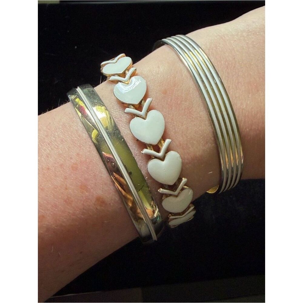 Y2K White Enamel Heart Cuff Bracelet Gold Tone Adjustable Open Cuff